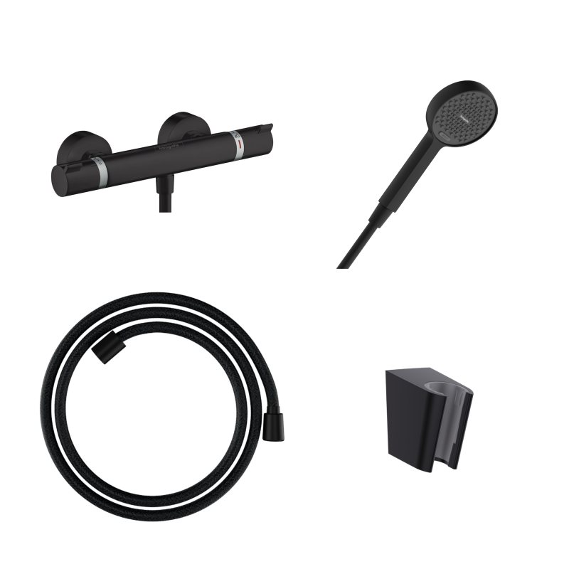 ECOSTAT COMFORT термостат для душу в комплекті з душовим гарнітуром (13116670+28331670+28260670+28033670), чорний матовий